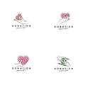 Donation logo design, template, vector. Holding hand giving donation. Female hand gestures donate logo template