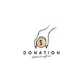 Donation logo design, template, vector. Holding hand giving donation. Female hand gestures donate logo template