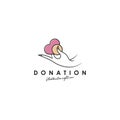 Donation logo design, template, vector. Holding hand giving donation. Female hand gestures donate logo template
