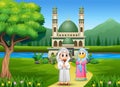 Funny two muslims in front of mosque background