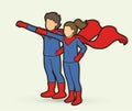 Little Super Hero Boy and Girl standing together with costume cartoon graphic Royalty Free Stock Photo