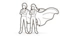 Super Hero Man and Woman standing together with costume cartoon graphic