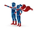 Little Super Hero Boy and Girl standing together with costume cartoon graphic Royalty Free Stock Photo