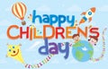 Happy Children`s Day greeting card. Colorful letters surrounded by aerostatic balloon, comet, rocket, crayons and two children