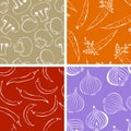 Set of Vegetables outline seamless pattern. Illustrations of mushrooms and onions, chili peppers and carrots. Royalty Free Stock Photo