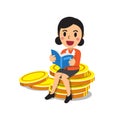 Businesswoman reading book and sitting on big money coins stack