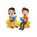 Business people reading books and sitting on big money coins stack Royalty Free Stock Photo