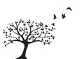 Flying Birds On Tree Vector, Wall Decals, Birds Silhouette, Birds on Branch, Art Design, Wall Decor Royalty Free Stock Photo