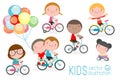 Happy kids on bicycles, Child riding bike,Kids riding bikes, Child riding bike, kids on bicycle vector on white background Royalty Free Stock Photo