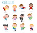 Cartoon big set of Kid Superheroes wearing comics costumes,Kids With Superhero Costumes set, kids in Superhero costume characters Royalty Free Stock Photo