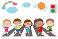 Kids across the road, Students walk across the crosswalk with a traffic light, back to school Vector Illustration