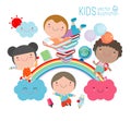 children on the rainbow, education concept, Back to school, Diverse child on the rainbow, kid summer camp on white background.