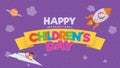 Happy International Children`s Day greeting card. Colored letters on a yellow ribbon with a child flying on a rocket Royalty Free Stock Photo