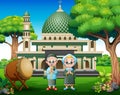 Cartoon old couple muslim in front the mosque