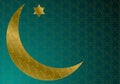 Gold Ramadan moon on dark green Islamic pattern background