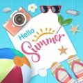 Top view, Hello summer with copy space for text on blue wooden background, vector illustration.