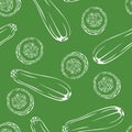 Zucchini outline on green background. Vegetables seamless pattern. Royalty Free Stock Photo