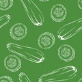 Zucchini outline on green background. Vegetables seamless pattern.