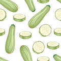 Zucchini isolated on white background. Vegetables whole and slices seamless pattern. Royalty Free Stock Photo