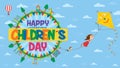 Happy International Children`s Day greeting card. Text inside a circle surrounded by playgrounds and trees where children fly Royalty Free Stock Photo