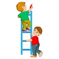 The boy is writing on the ledder and his friend are holding it Royalty Free Stock Photo