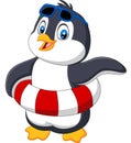 Cartoon penguin with inflatable ring and sunglasses