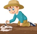 Cartoon boy brushing a dinosaur fossil