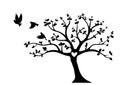 Flying Birds On Tree Vector, Tree with heart, Wall Decals, Wall Decor, Flying Birds Silhouette, Birds on Branch Royalty Free Stock Photo