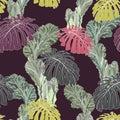 Seamless pattern with bright line monstera leaves and exotic cacti plants.