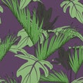 Exotic violet leaves and green tropical palms, dark background. Floral seamless pattern. Royalty Free Stock Photo