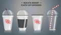 Set of mock up realistic plastic cup containers, with clear in disposable cups.