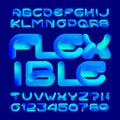 Flexible alphabet font. 3D neon color letters and numbers.