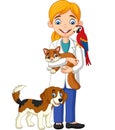 Cartoon female veterinarian examining pets