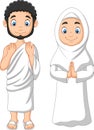 Cartoon Muslim Man and Woman wearing Ihram clothing