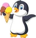 Cartoon penguin holds an ice cream cone with three scoops of ice cream