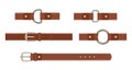 Brown leather belt with buttoned steel buckle, unbuttoned and with different metal haberdashery accessories