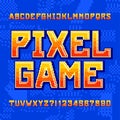 Pixel Game alphabet font. Digital gradient letters and numbers on pixelated background.