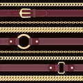 Leather belts and golden chains on  black background seamless pattern. Royalty Free Stock Photo