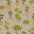 Seamless vector pattern with potted plants doodles on spotty background