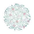 Vector round bouquet with outline Tradescantia zebrina or Spiderwort flower bunch and leaf in pastel pink and green isolated.