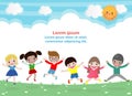 Kids jumping on the park, children jump with joy, happy cartoon child playing on the playground, isolated background Template Royalty Free Stock Photo