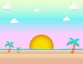 Beautiful sunset at beach, sea view and sunset seascape and natural pastel color scheme background flat design vector illustration Royalty Free Stock Photo