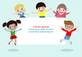 Happy children holding blank signs poster. Template for advertising brochure. Ready for your message. Space for text. cartoon kids