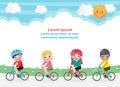 Happy kids on bicycles, Children riding bike, Healthy cycling with kids in park, group of child biking on background. Template for Royalty Free Stock Photo