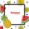 Summer bright fruit background with pineapple, slices of orange