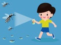 Children fight mosquito by spray. protection dengue fever concept. Vector illustration, Zika virus ,malaria, yellow fever