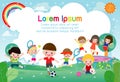 Happy children playing in playground, kids activities on the park, Template for advertising brochure,your text, flat Funny cartoon Royalty Free Stock Photo