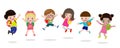 Happy school kids jumping isolated on white background vector illustration. Royalty Free Stock Photo