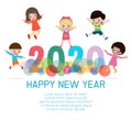 2020 Happy New Year design card with kids on background. happy children with Happy new year 2020, Colorful Vector Illustration. Royalty Free Stock Photo