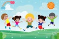Group of happy children jumping on summer meadow, kid jump together Template for advertising brochure Royalty Free Stock Photo